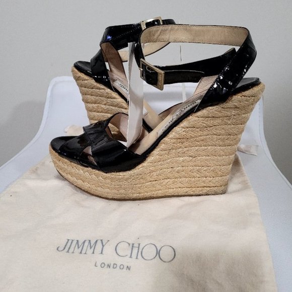 Porto black patent platform espadrille wedges jimmy choo - Picture 1 of 8